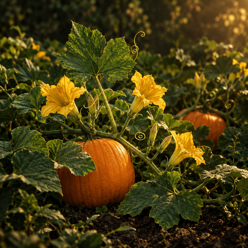 Pumpkin vines growing naturally in a moody garden