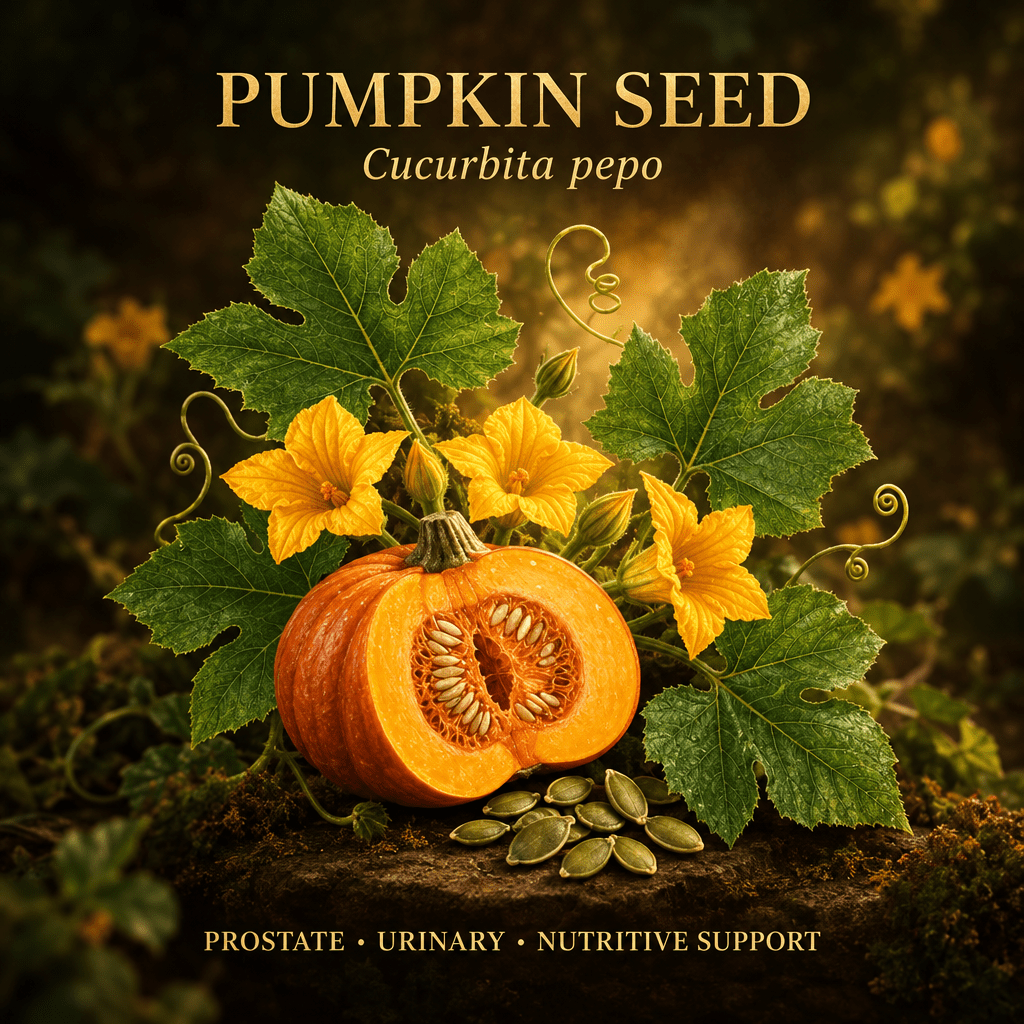 Pumpkin seed editorial botanical image with gold serif text