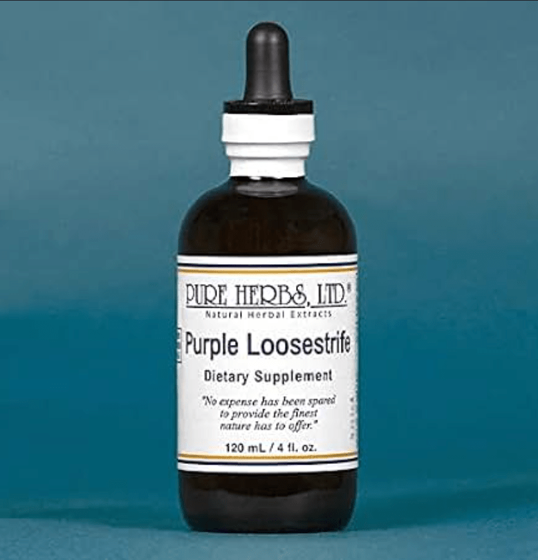 A bottle of Pure Herbs, Ltd. Purple Loosestrife dietary supplement, featuring a dark amber glass bottle with a black dropper cap and a white label, set against a solid blue background.