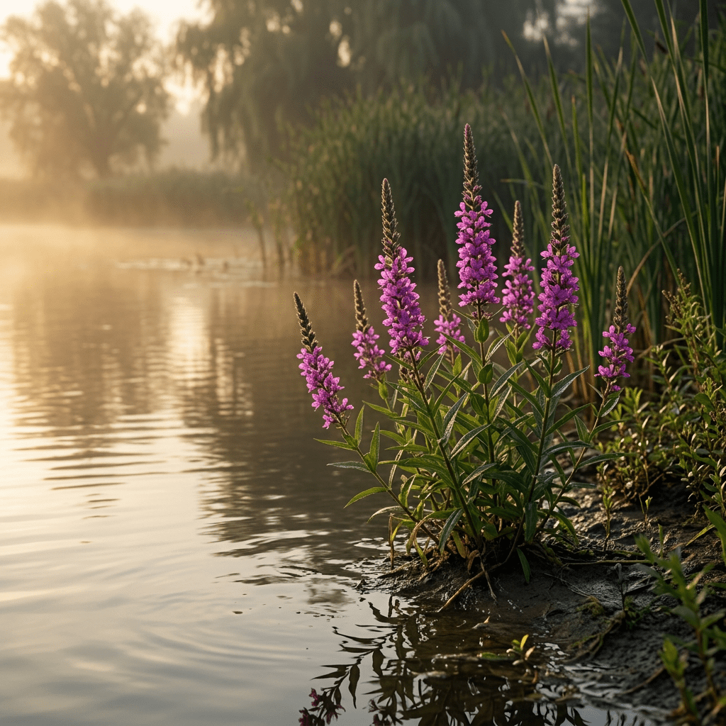 Purple loosestrife beside a misty reed-lined inlet