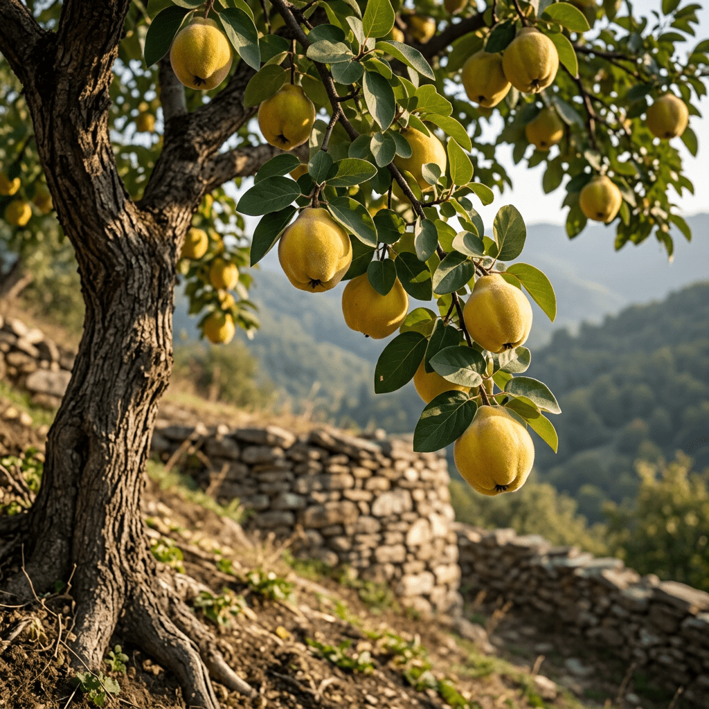 Quince growing in a hillside orchard