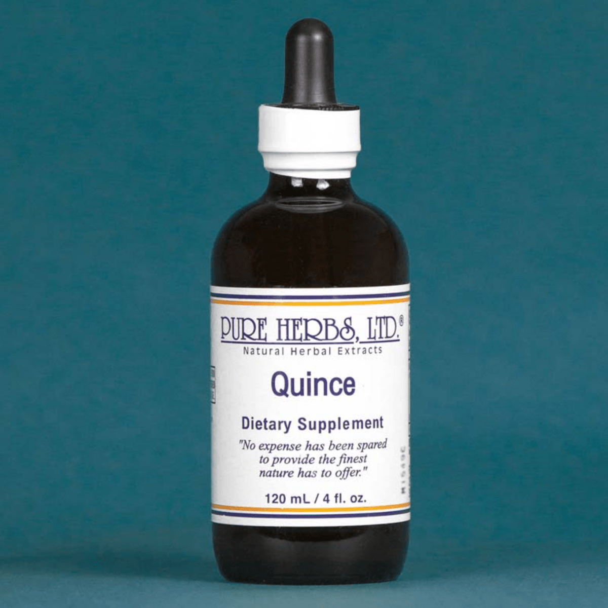 A 120 mL dark amber glass dropper bottle of Pure Herbs, Ltd. Quince dietary supplement, featuring a white label and black dropper cap, set against a solid teal background.