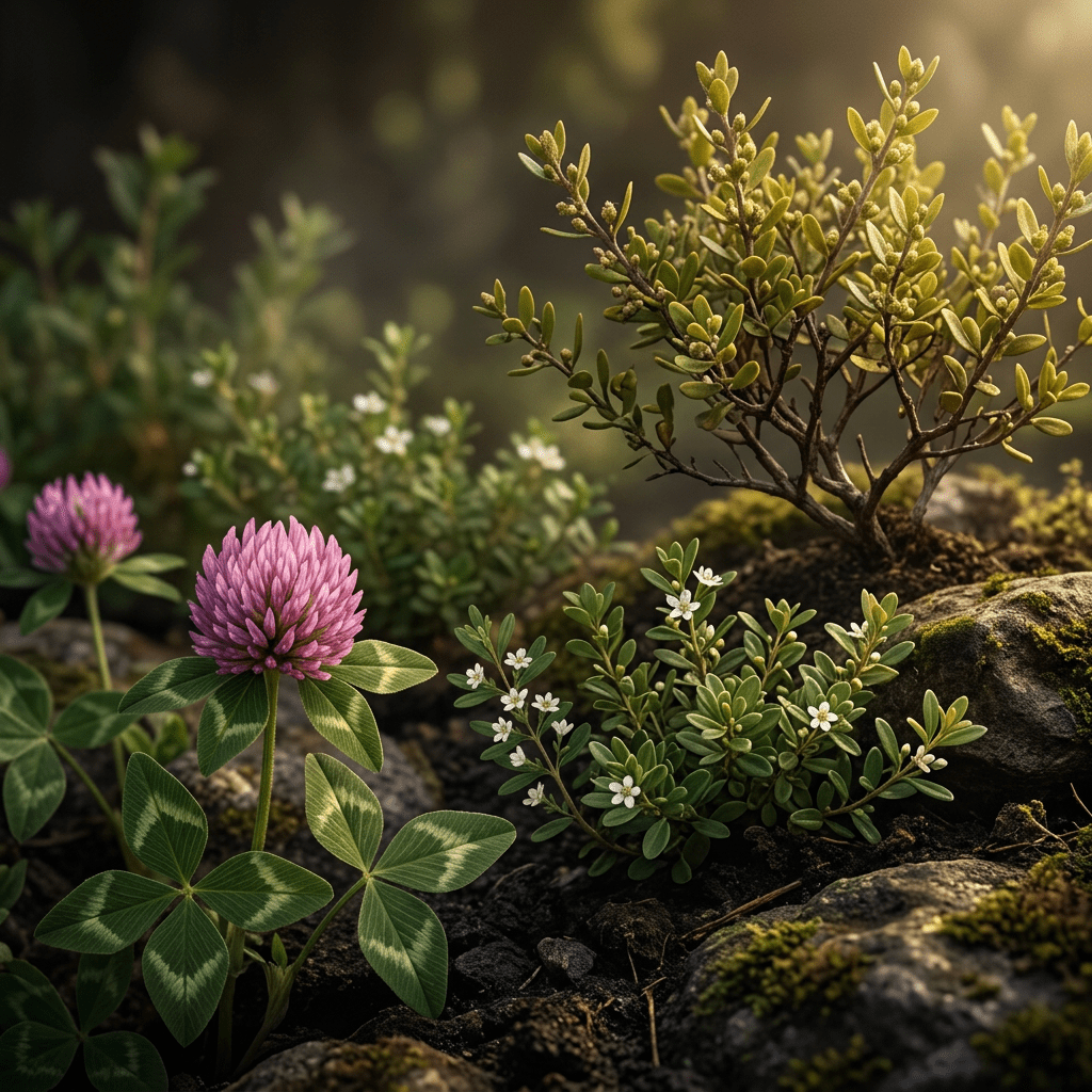 Red clover, buchu, and greasewood in a moody garden