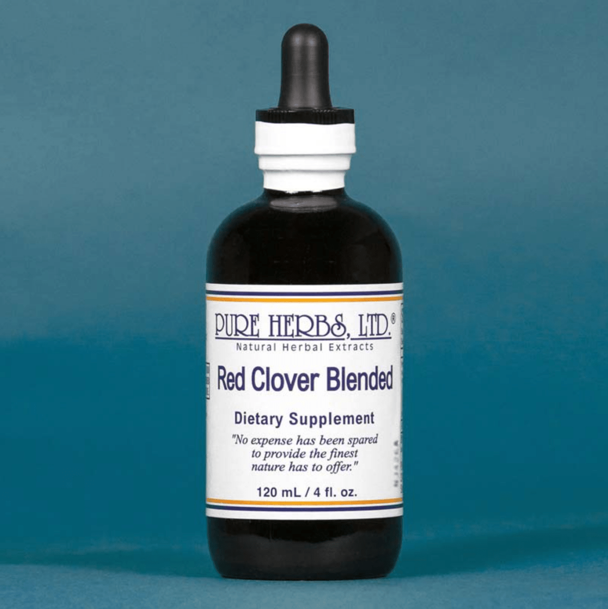 A 120 mL bottle of Pure Herbs Ltd Red Clover Blended dietary supplement, featuring a dark amber glass bottle with a black dropper cap and a white label, set against a solid teal-blue background.