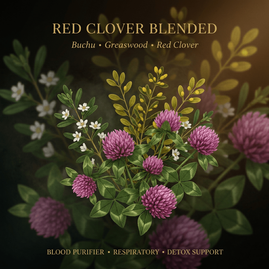 Red Clover Blended botanical editorial image with gold serif text