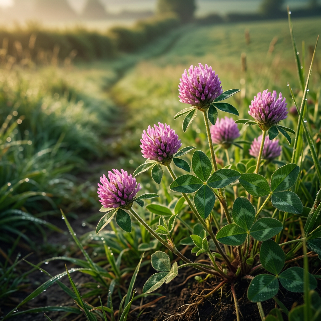 Red clover growing beside a dew-covered meadow path