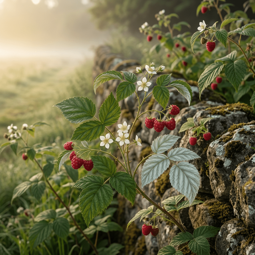 Red raspberry growing naturally in a misty hedgerow
