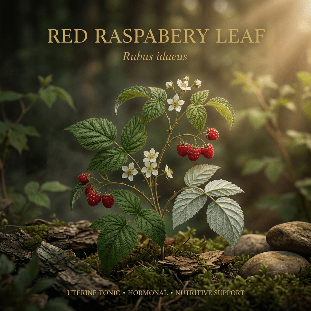 Red raspberry leaf editorial image in golden woodland light