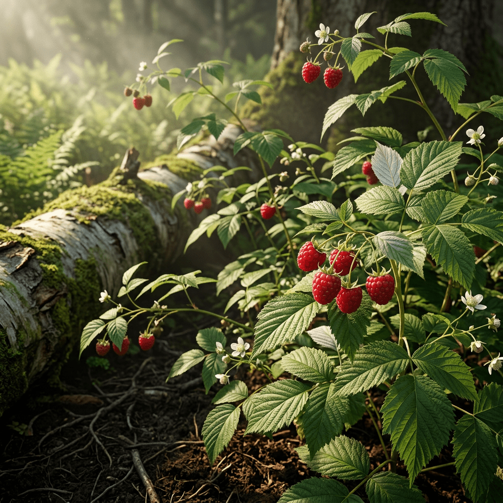 Raspberry foliage beside a mossy fallen birch