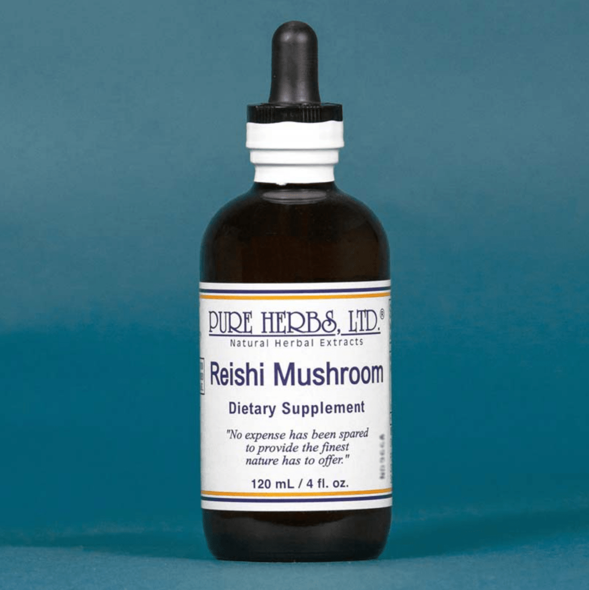 A 120 mL amber glass dropper bottle of Pure Herbs, Ltd. Reishi Mushroom dietary supplement, featuring a white label with blue text and a black rubber dropper cap, set against a solid slate blue background.