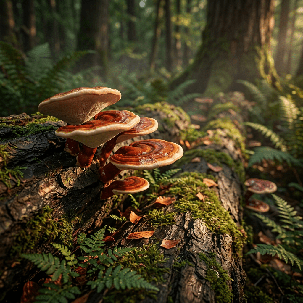 Reishi mushrooms growing along a fallen hardwood log
