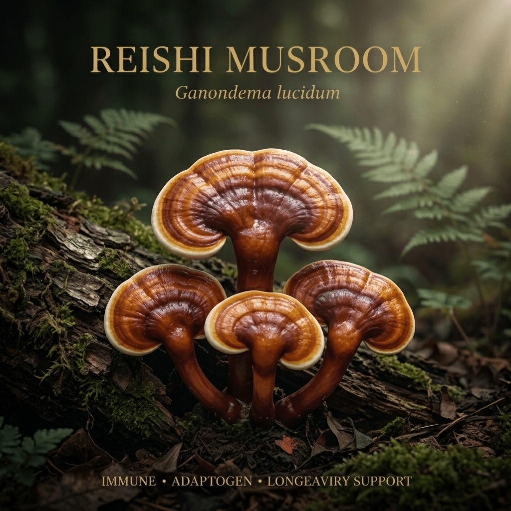 Reishi editorial image in golden forest light