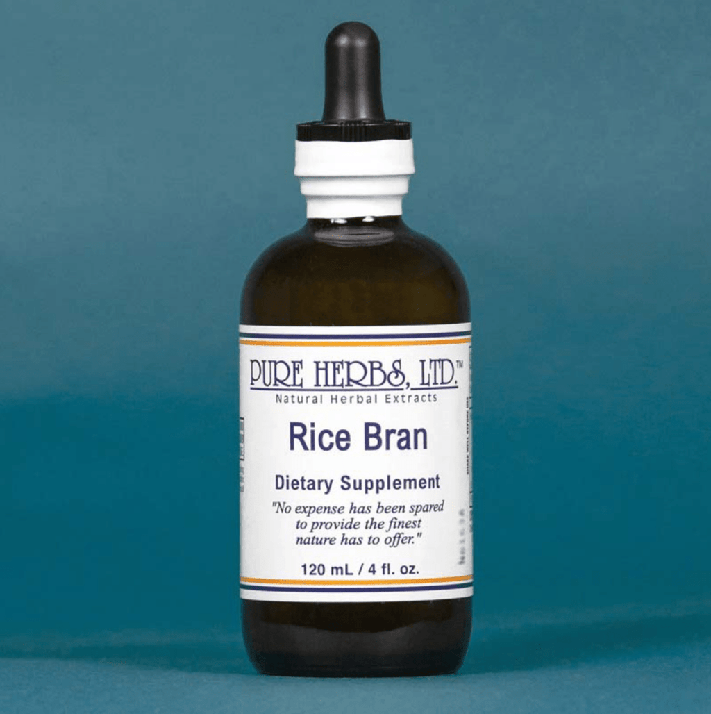 A bottle of Pure Herbs, Ltd. Rice Bran dietary supplement, featuring an amber glass bottle with a black dropper cap and a white label, set against a solid blue background.