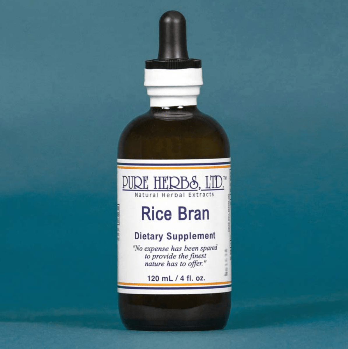 A bottle of Pure Herbs, Ltd. Rice Bran dietary supplement, featuring an amber glass bottle with a black dropper cap and a white label, set against a solid blue background.