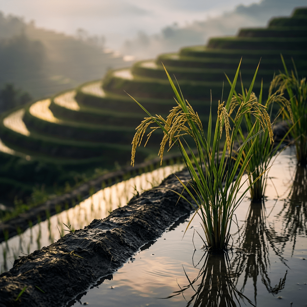 Rice growing across a misty terrace