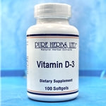 A bottle of "Vitamin D-3" dietary supplement by Pure Herbs Ltd, containing 100 softgels, against a blue background.