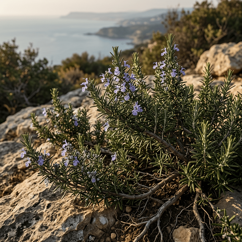 Rosemary growing near a moody Mediterranean coast