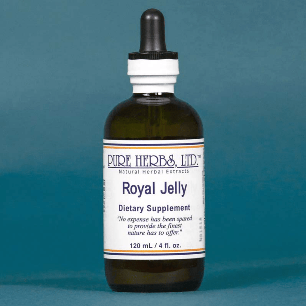 A 120 mL amber glass dropper bottle of Pure Herbs Ltd. Royal Jelly dietary supplement, featuring a white label and black dropper cap, set against a solid teal-blue background.