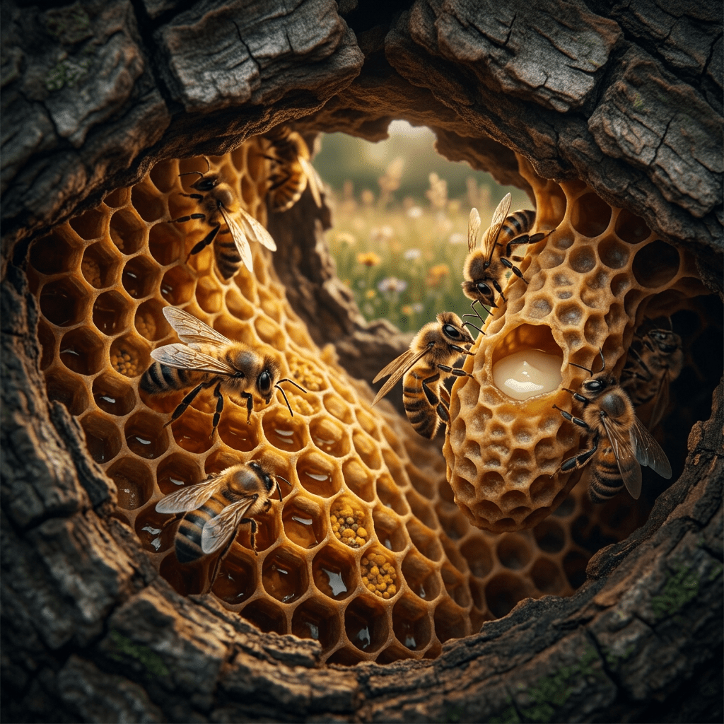 Honeybees tending comb inside a natural hive