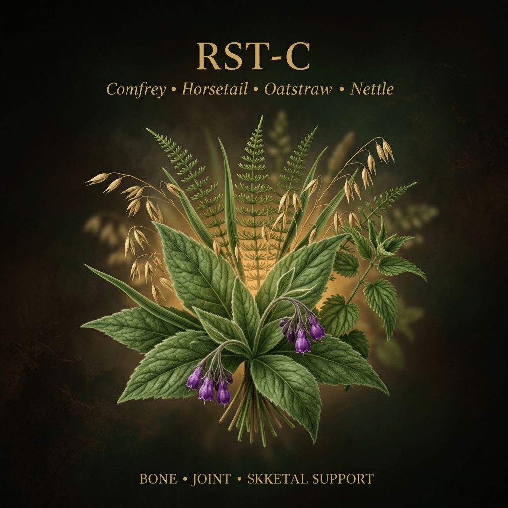 RST-C botanical editorial image with gold serif text