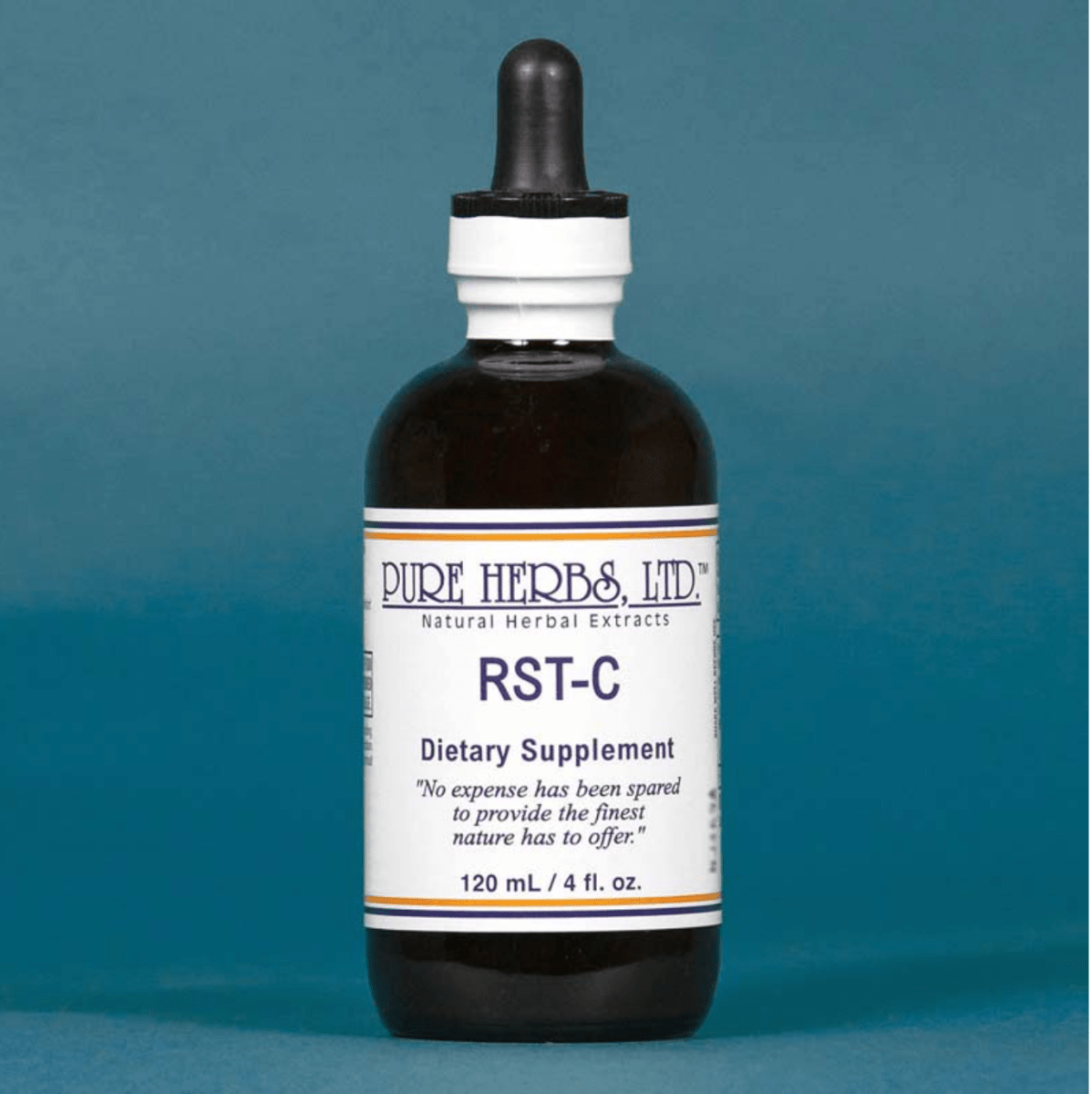 A 120 mL amber glass dropper bottle of Pure Herbs Ltd. RST-C dietary supplement, featuring a white label with blue text and a black dropper cap, set against a solid teal-blue background.
