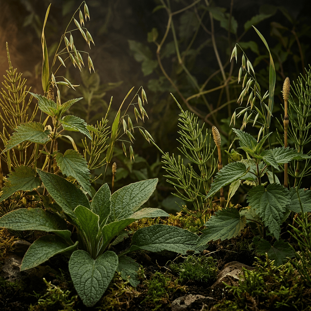Comfrey, horsetail, oats, and nettle in a moody herb garden