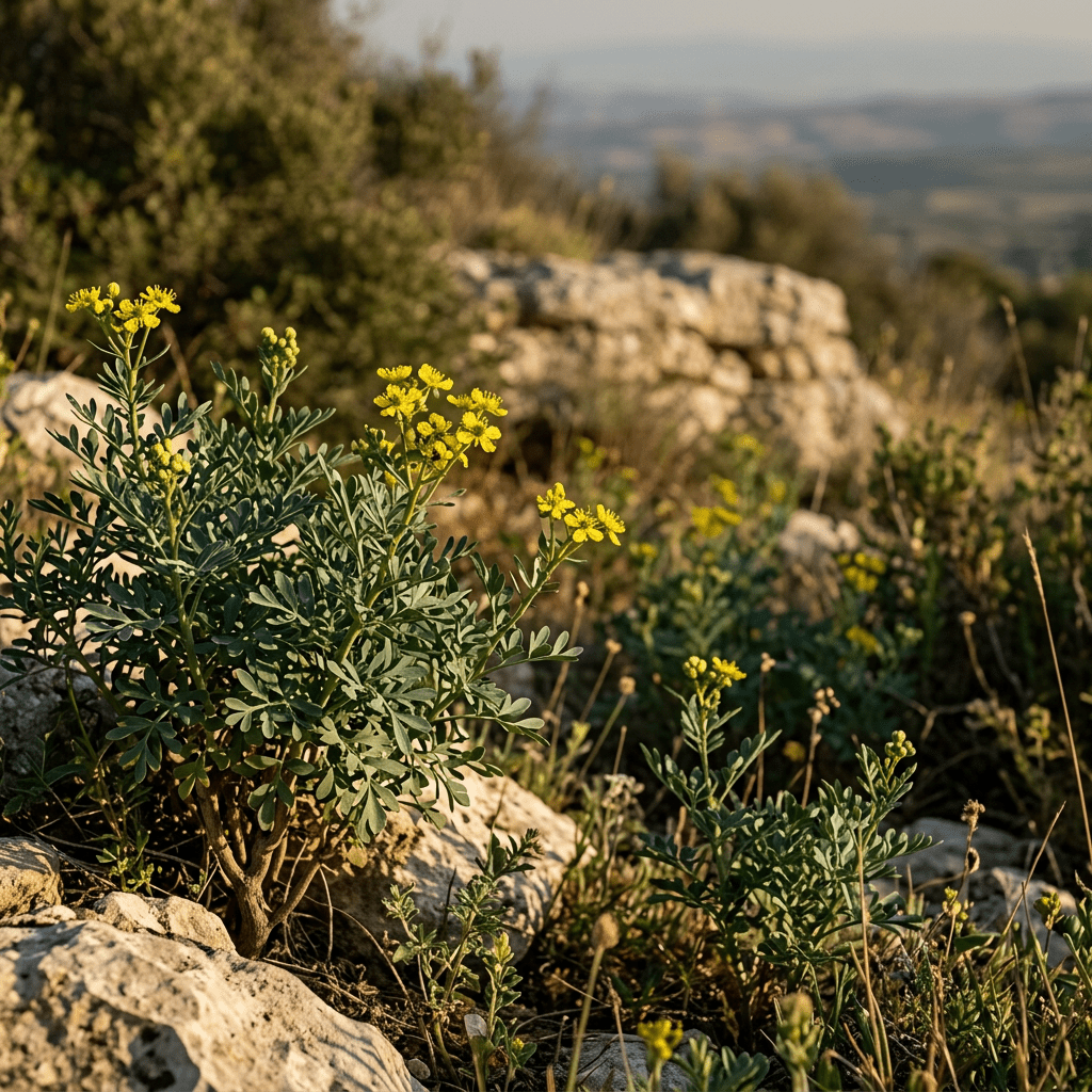 Rue growing naturally on a moody Mediterranean hillside
