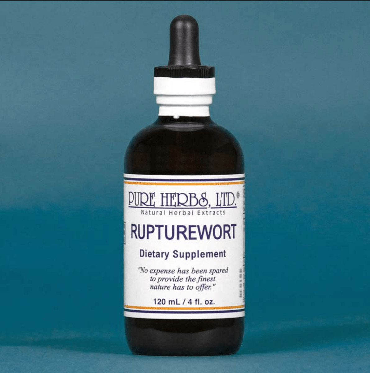 A dark amber glass dropper bottle of Pure Herbs, Ltd. Rupturewort dietary supplement, set against a solid teal-blue background.