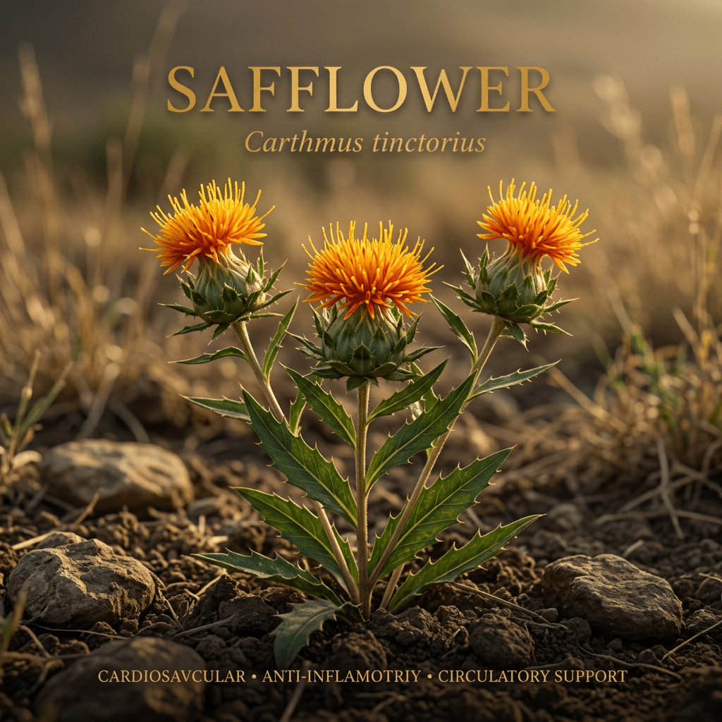 Safflower editorial image in golden field-edge light