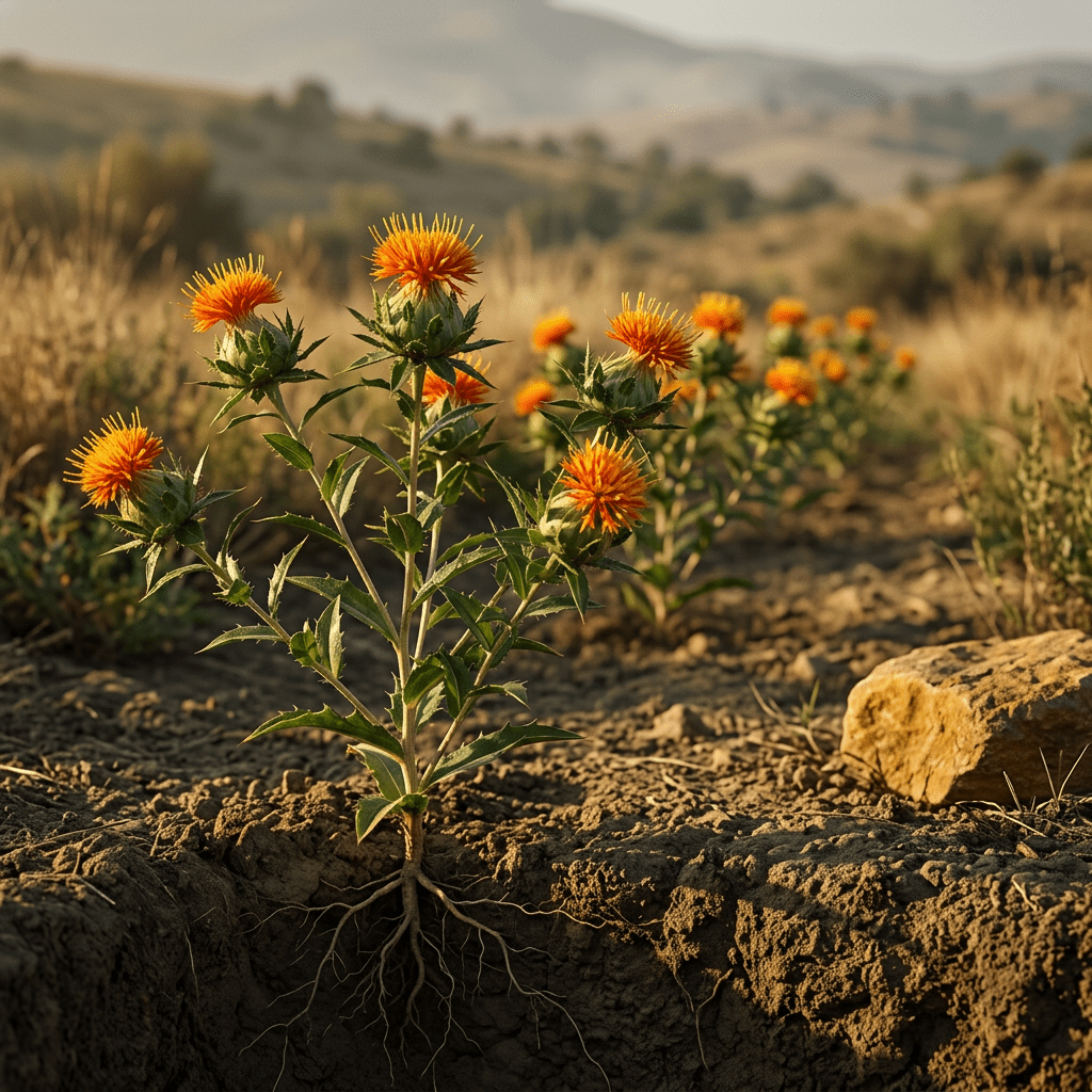 Safflower growing in a golden-lit dry field