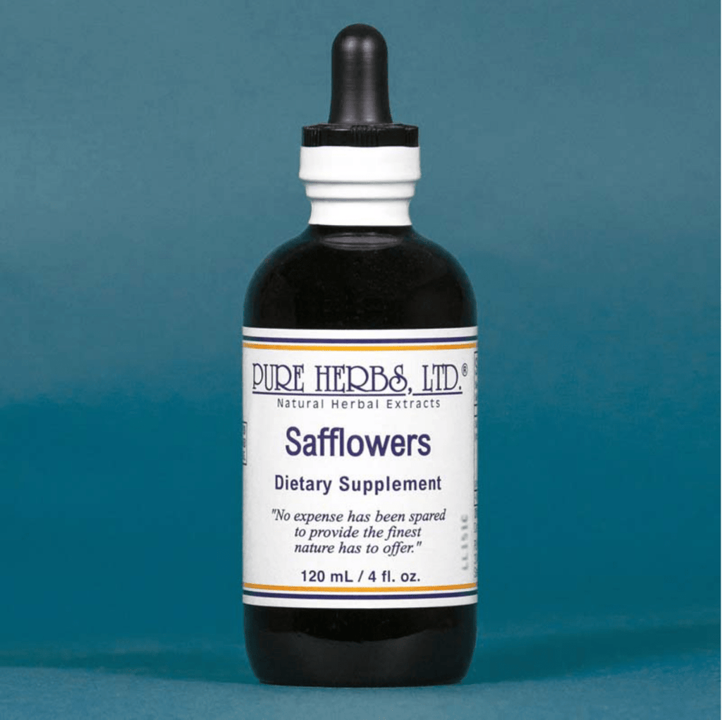 A bottle of Pure Herbs, Ltd. Safflowers dietary supplement, featuring a dark amber glass bottle with a black dropper cap and a white label, set against a solid blue background.