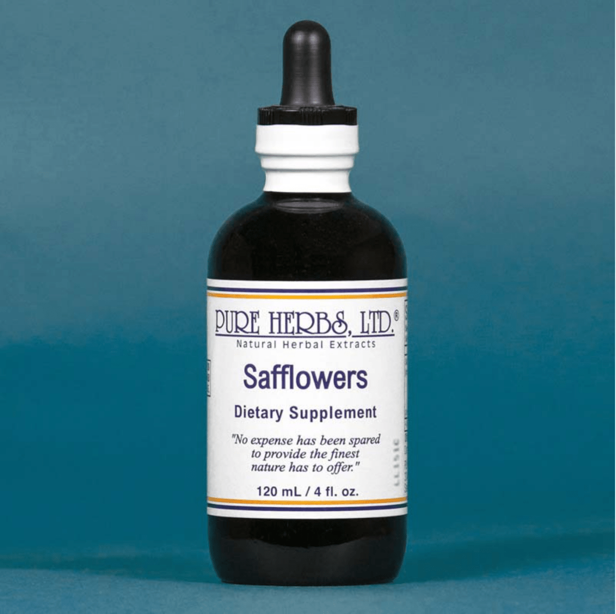 A bottle of Pure Herbs, Ltd. Safflowers dietary supplement, featuring a dark amber glass bottle with a black dropper cap and a white label, set against a solid blue background.