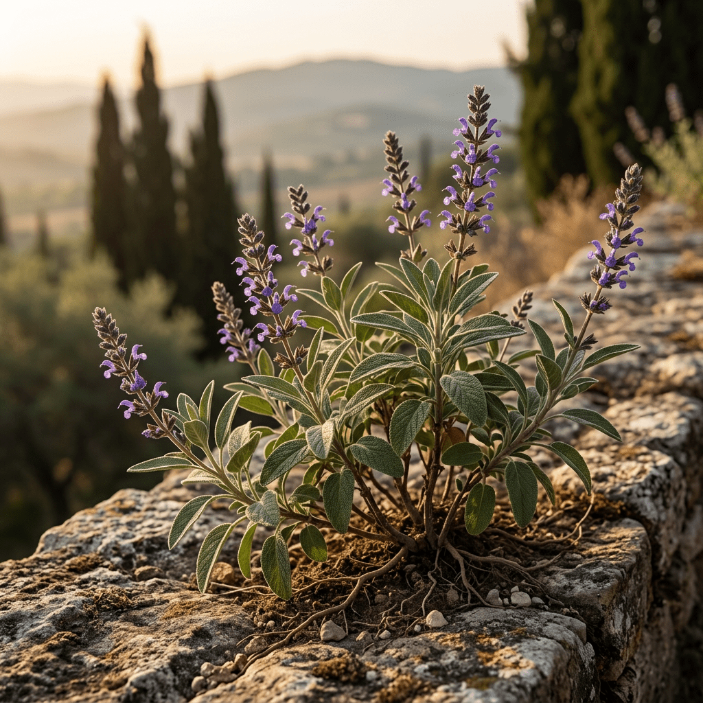 Sage growing along a Mediterranean stone terrace