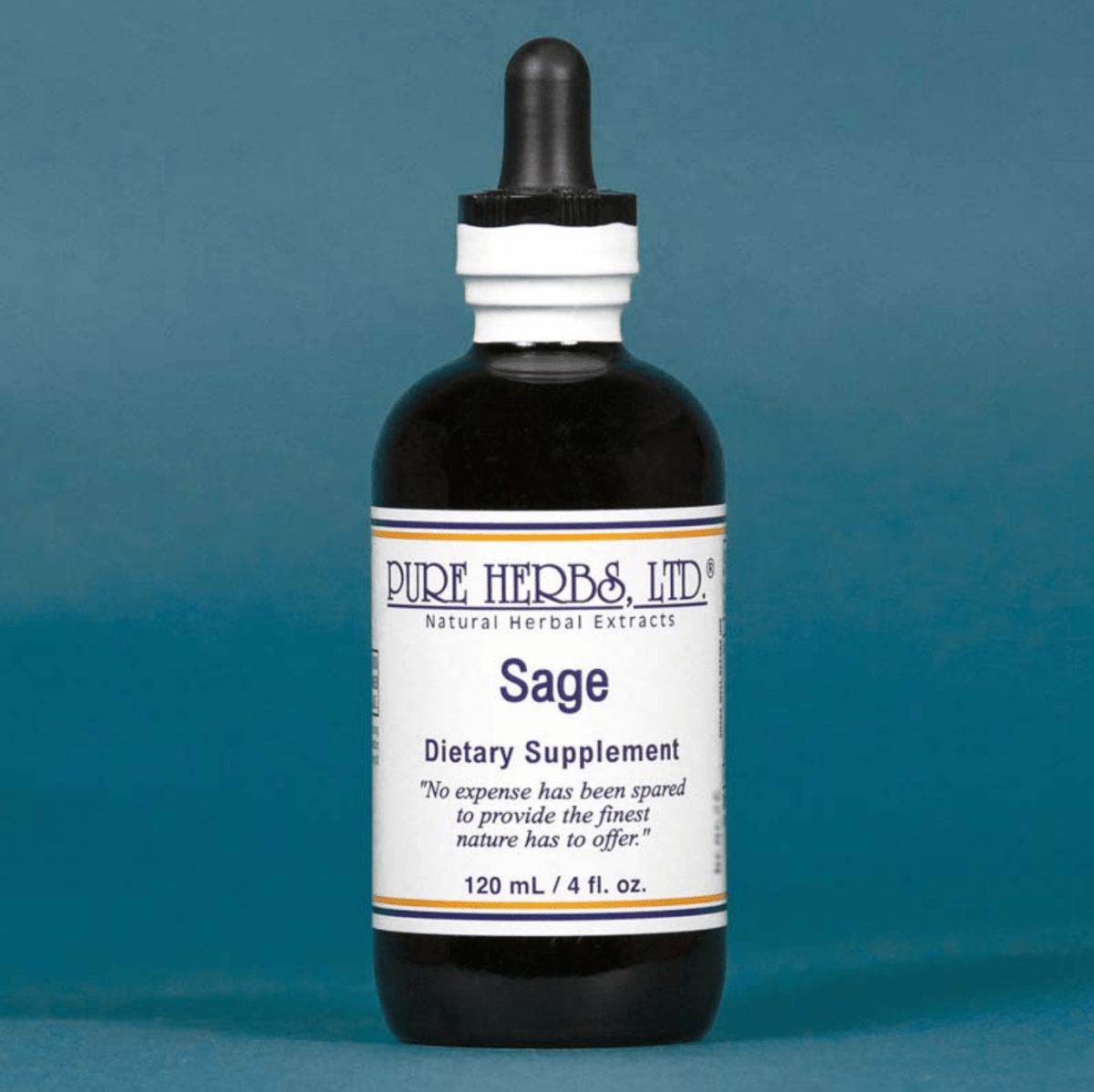 A 120 mL amber glass dropper bottle of Pure Herbs Ltd. Sage dietary supplement, featuring a white label with blue text and a black dropper cap, set against a solid teal-blue background.