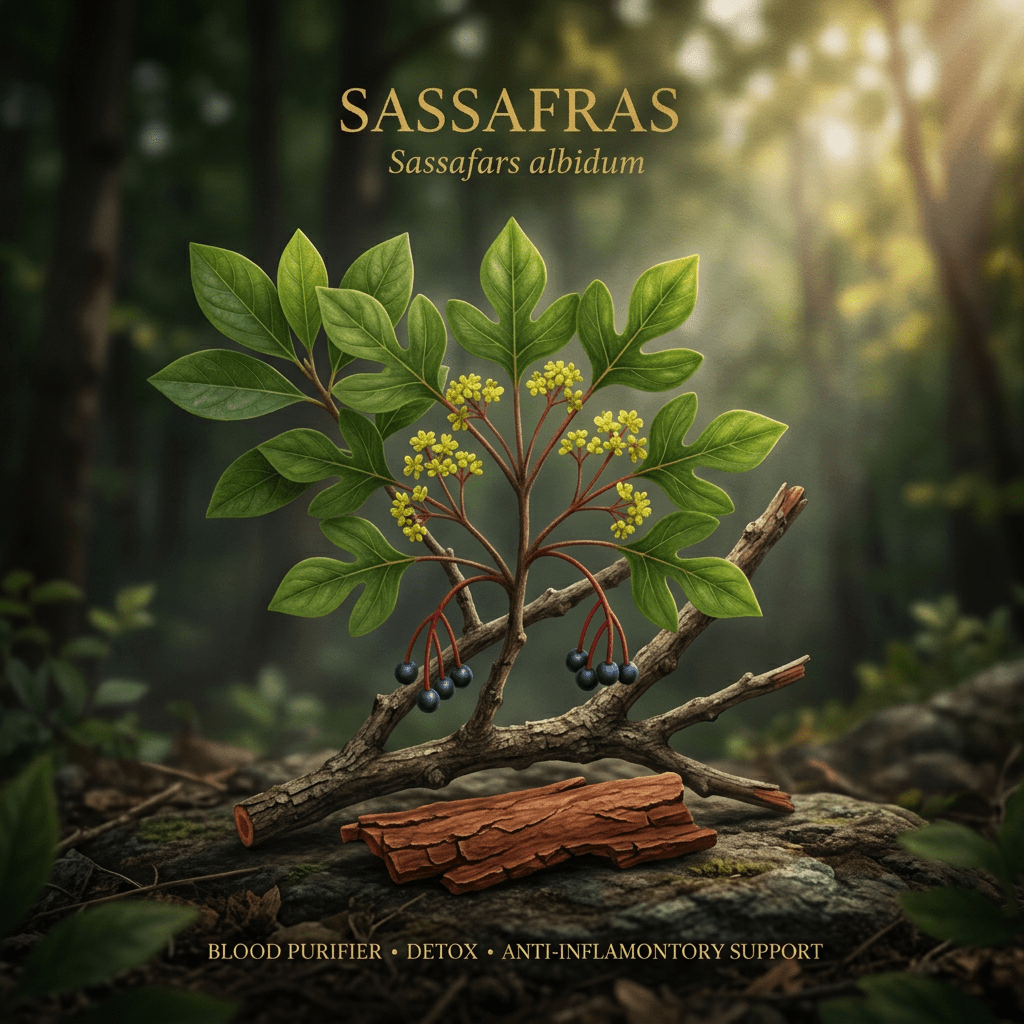Sassafras editorial image in golden woodland light
