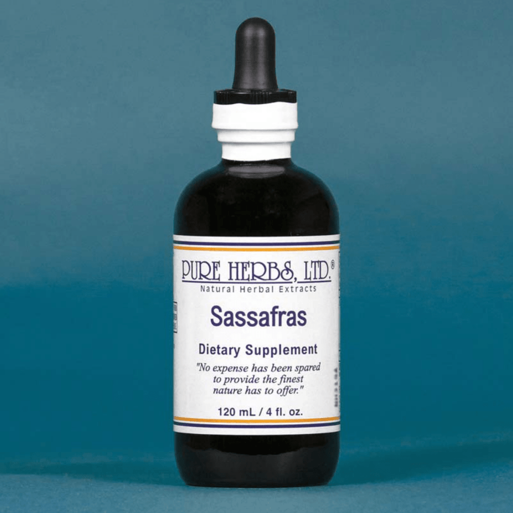 A 120 mL bottle of Pure Herbs Ltd. Sassafras dietary supplement, featuring a dark amber glass bottle, white label, and black dropper cap, set against a solid blue background.