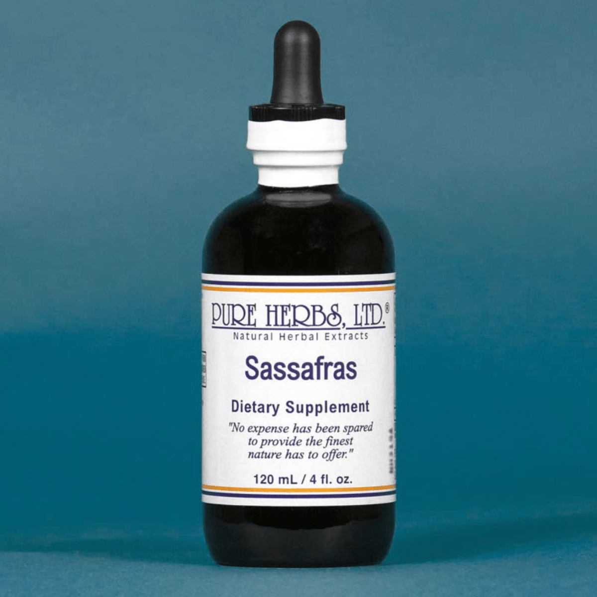 A 120 mL bottle of Pure Herbs Ltd. Sassafras dietary supplement, featuring a dark amber glass bottle, white label, and black dropper cap, set against a solid blue background.