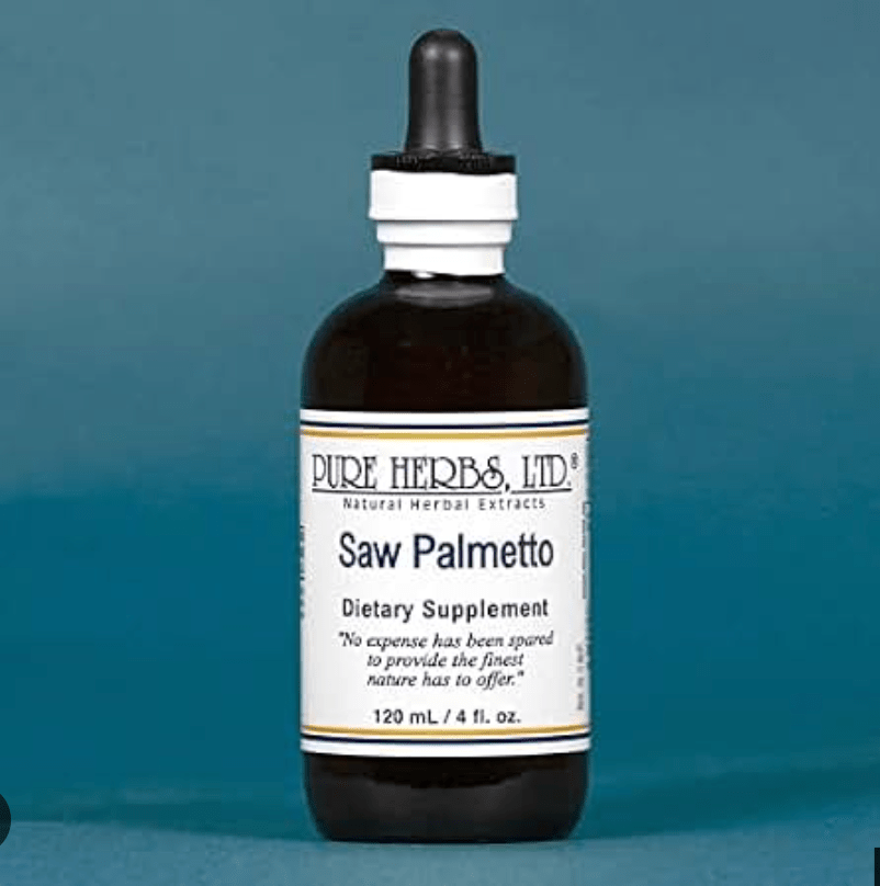 A bottle of Pure Herbs, Ltd. Saw Palmetto dietary supplement, featuring a dark amber glass bottle with a black dropper cap and a white label, set against a solid teal-blue background.