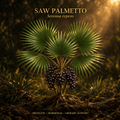 Saw palmetto editorial botanical image with gold serif text