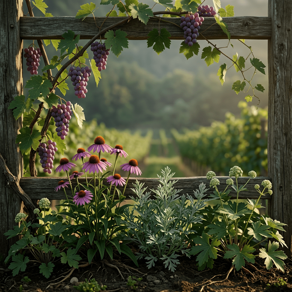 SB-T botanicals growing beside a vineyard trellis