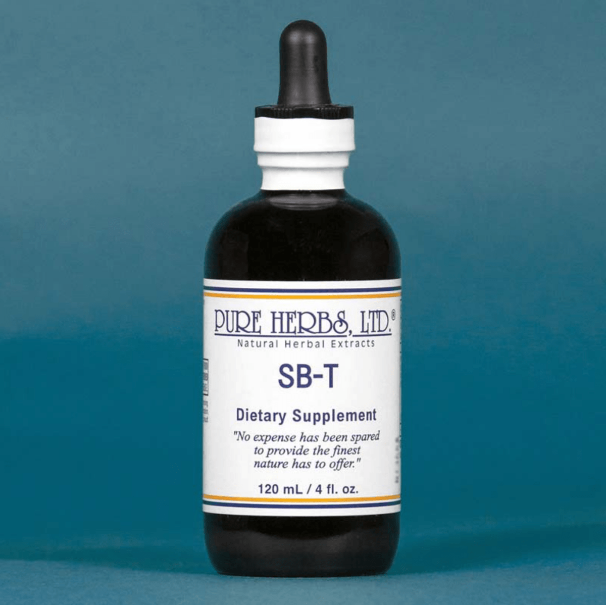 A 120 mL bottle of Pure Herbs Ltd. SB-T Dietary Supplement with a black dropper cap and white label, set against a solid teal-blue background.