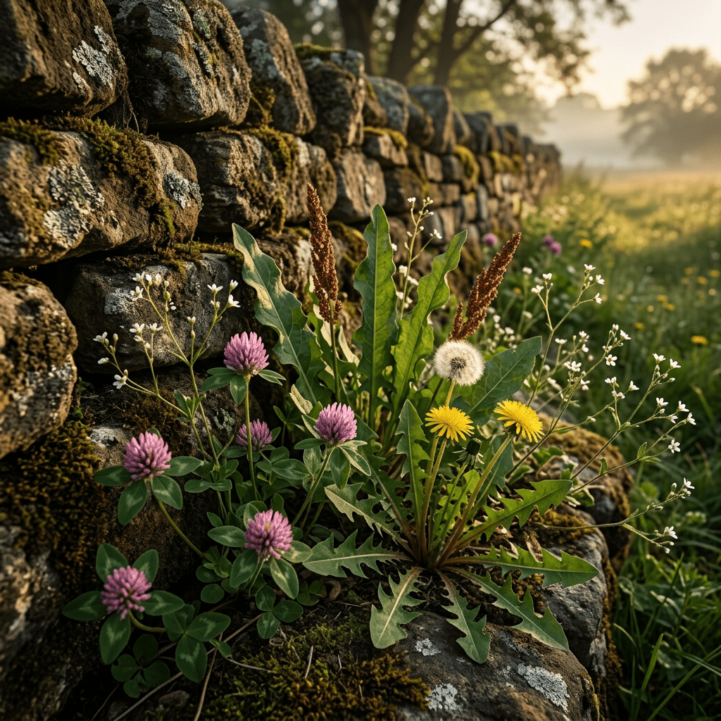 SC-W-inspired wildflowers beside a mossy stone wall