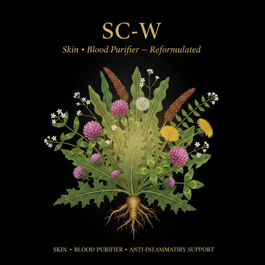 SC-W herbal blend botanical illustration — burdock root, red clover, yellow dock, chickweed, dandelion, and cleavers arrangement on black background. Skin • Blood Purifier • Anti-Inflammatory Support.