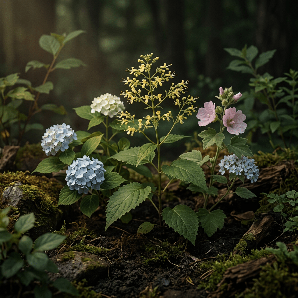 Hydrangea, marshmallow, and stone root in a moody garden