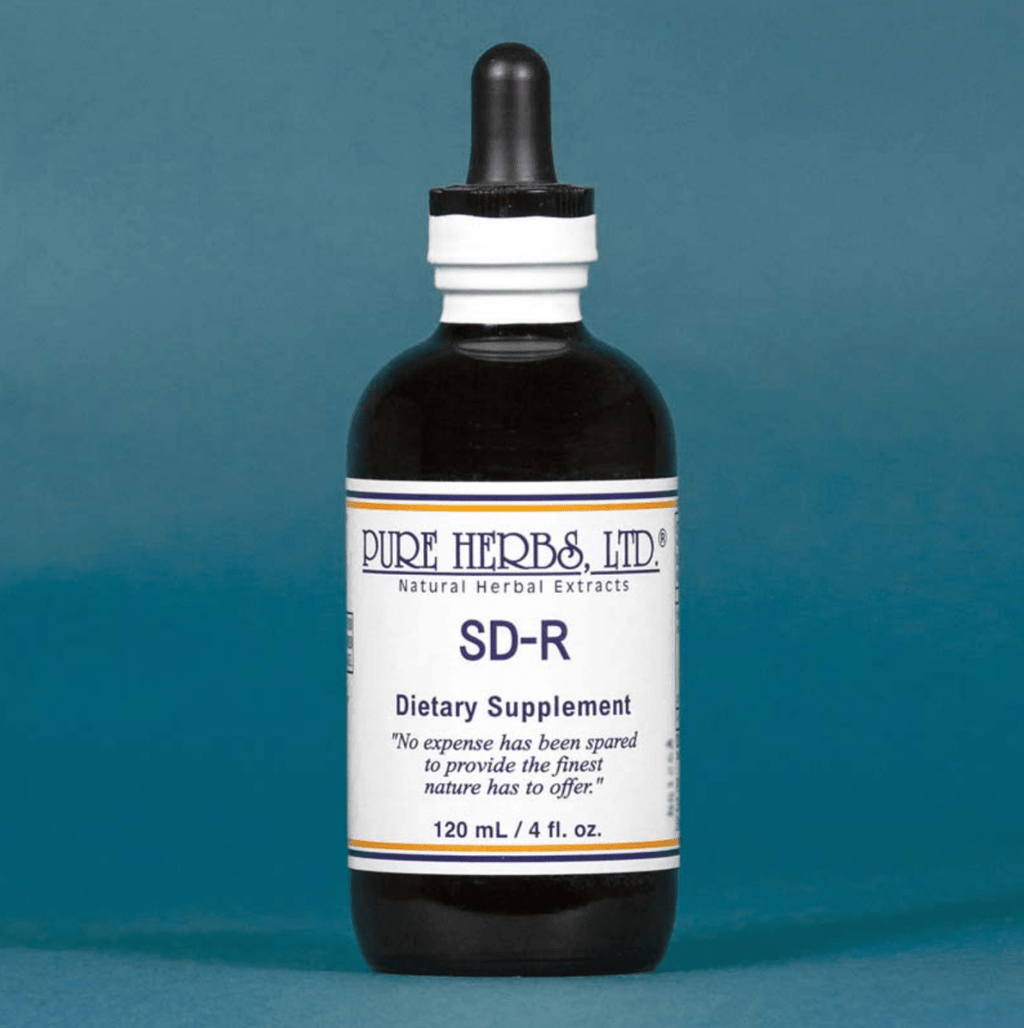 A dark amber glass dropper bottle of Pure Herbs Ltd. SD-R dietary supplement, featuring a white label with blue and orange text, set against a solid teal-blue background.