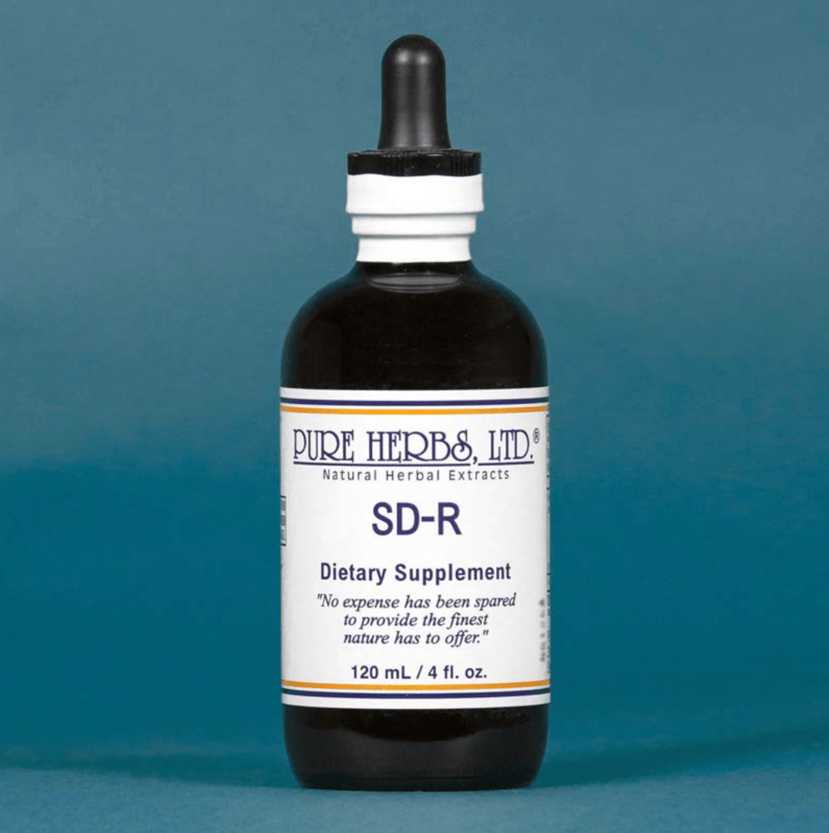 A dark amber glass dropper bottle of Pure Herbs Ltd. SD-R dietary supplement, featuring a white label with blue and orange text, set against a solid teal-blue background.
