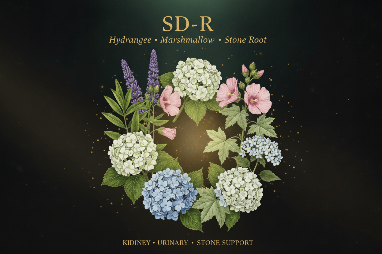 A botanical-style graphic with the text 'SD-R' at the top, listing Hydrangee, Marshmallow, and Stone Root, and 'Kidney • Urinary • Stone Support' at the bottom. The center shows a circular arrangement of flowers in white, pink, blue, and purple with green leaves on a dark gradient background.