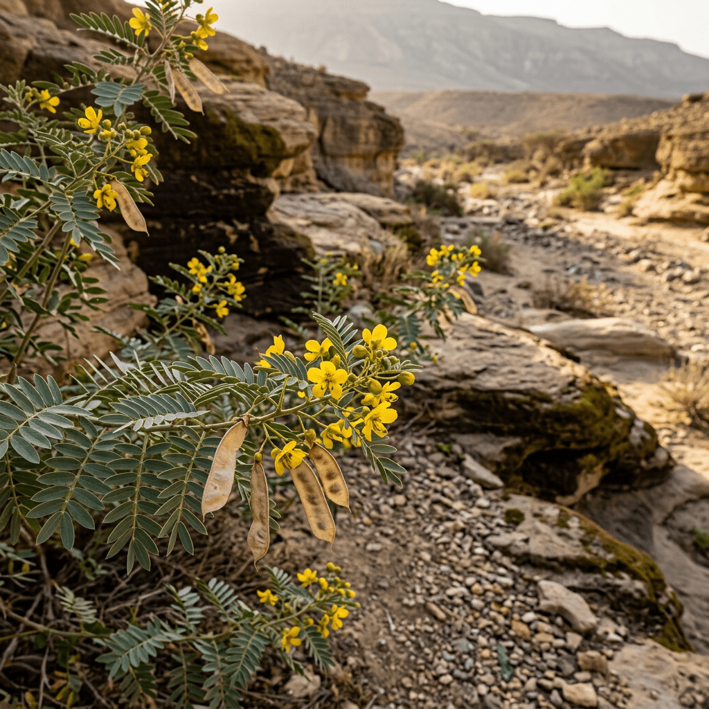 Senna growing naturally in a rocky desert wadi