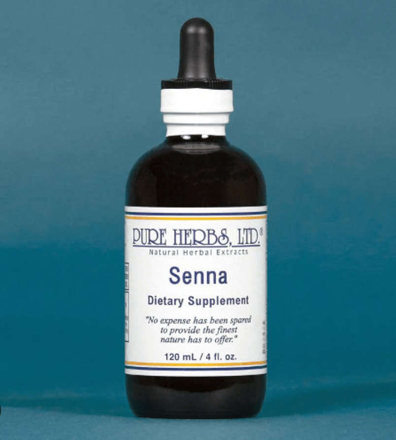 A 120 mL bottle of Pure Herbs Ltd. Senna dietary supplement, featuring a dark amber glass bottle with a white and black dropper cap, set against a solid blue background.