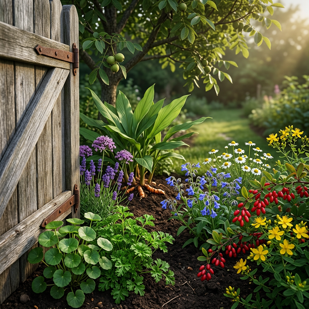 SH-G-inspired botanicals beside a garden gate